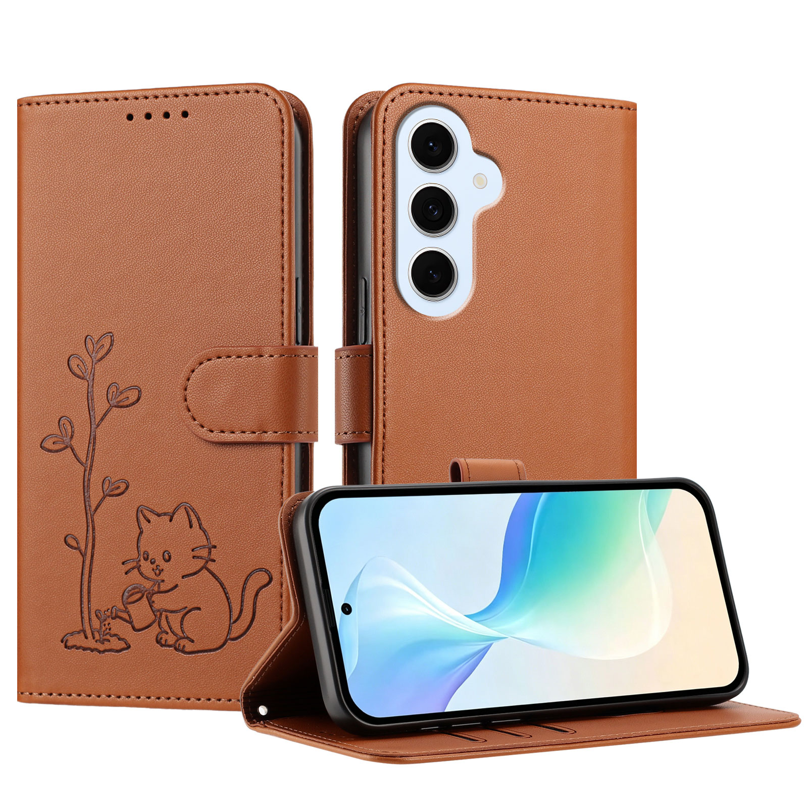 For Samsung Galaxy S25 FE / Galaxy S26 FE Case Cat Watering Plant Pattern PU Leather Wallet Stand Phone Cover - Coffee