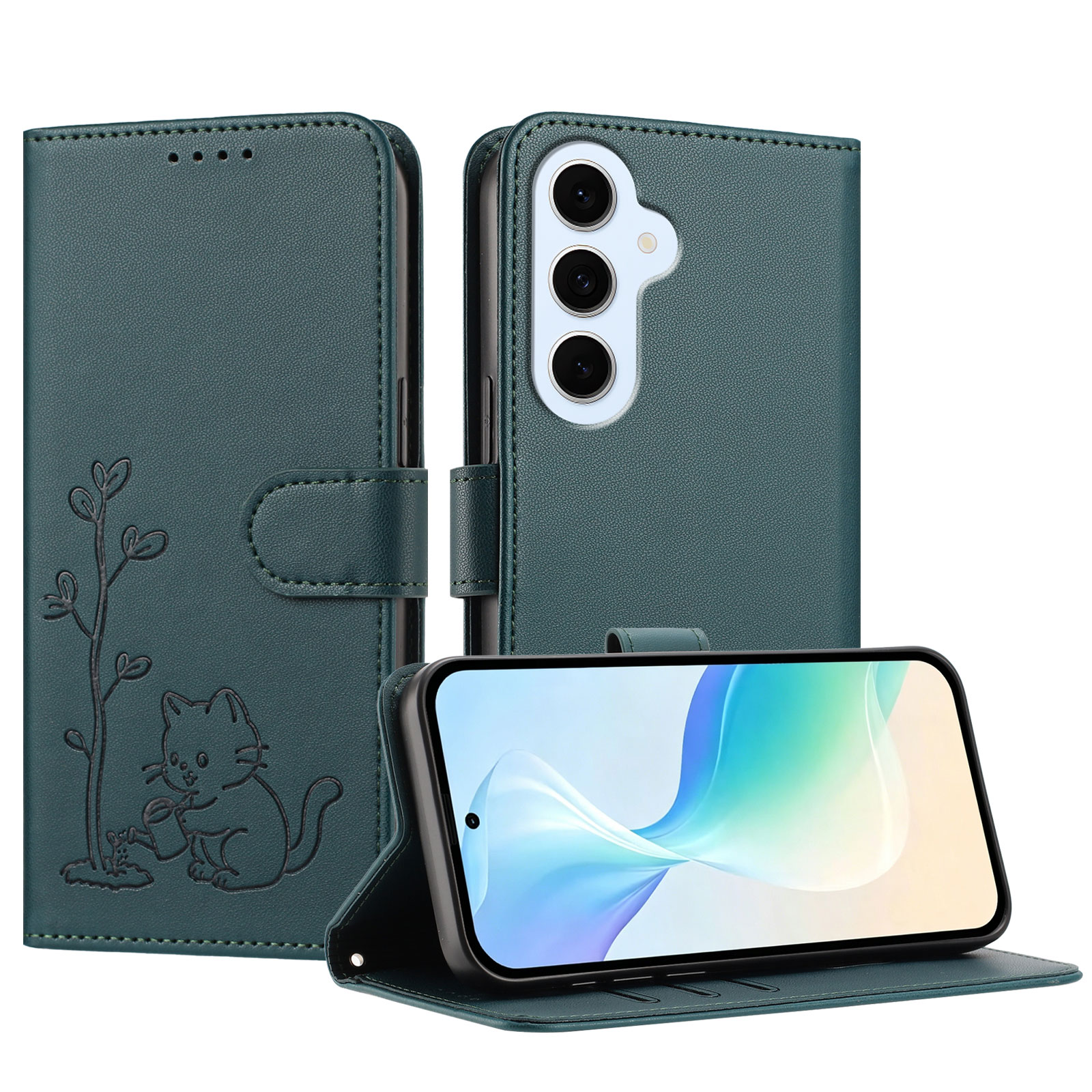 For Samsung Galaxy S25 FE / Galaxy S26 FE Case Cat Watering Plant Pattern PU Leather Wallet Stand Phone Cover - Dark Green