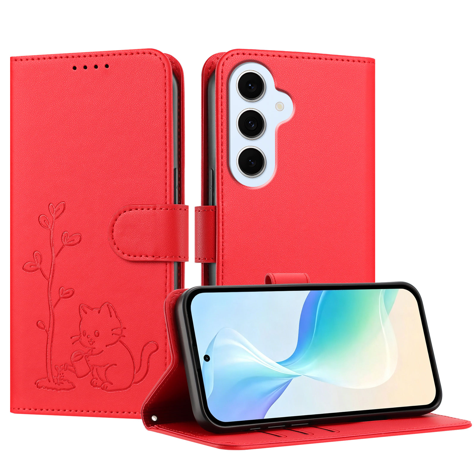 For Samsung Galaxy S25 FE / Galaxy S26 FE Case Cat Watering Plant Pattern PU Leather Wallet Stand Phone Cover - Red