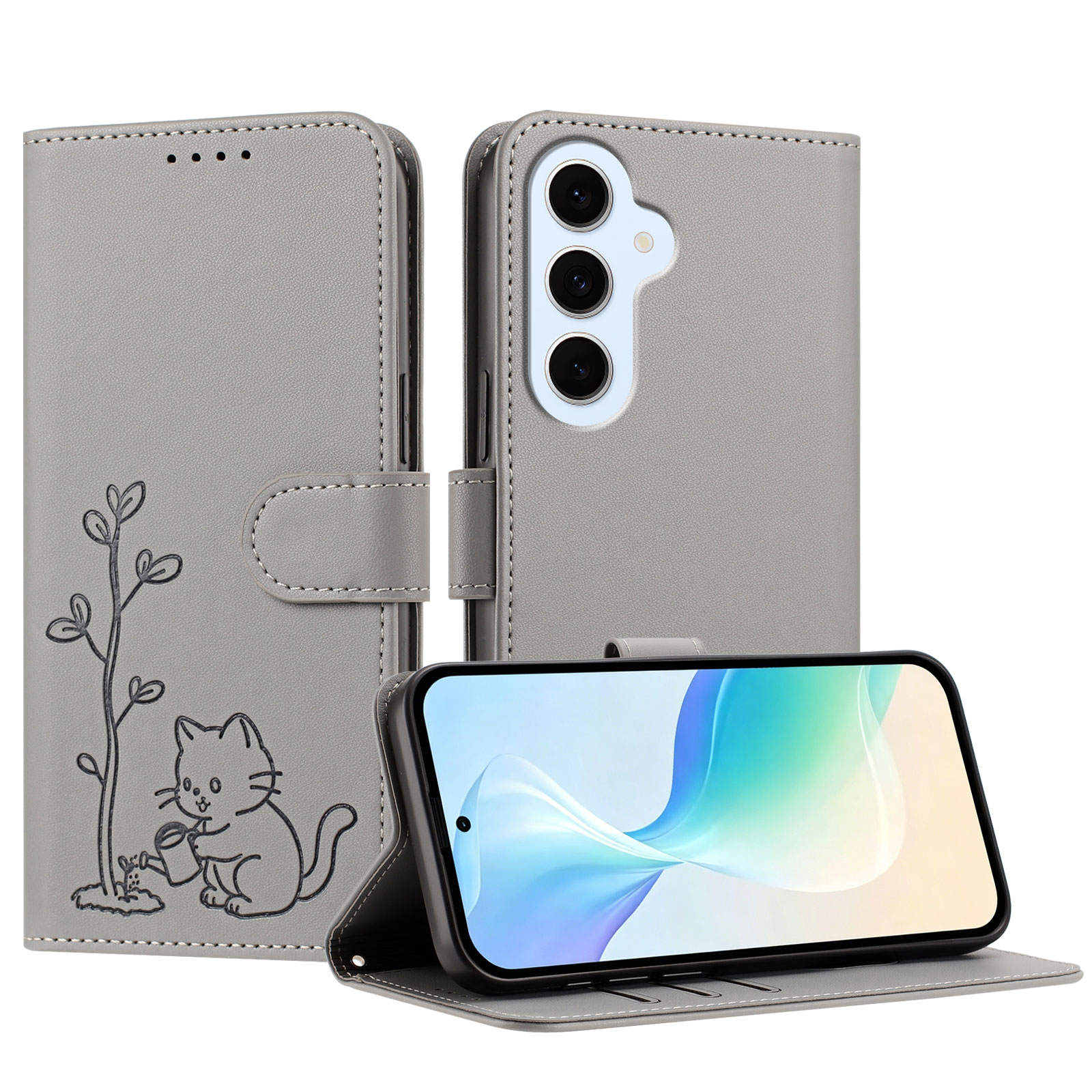 For Samsung Galaxy S25 FE / Galaxy S26 FE Case Cat Watering Plant Pattern PU Leather Wallet Stand Phone Cover - Grey