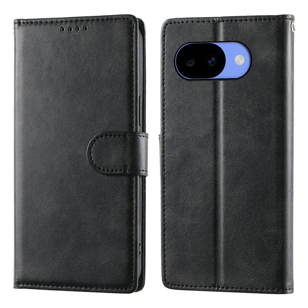 For Google Pixel 11a Phone Case Stand Wallet Calf Texture PU Leather Flip Phone Cover with Wrist Strap - Black