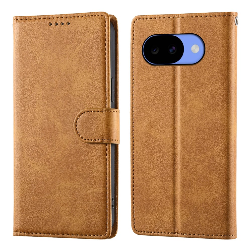 For Google Pixel 11a Phone Case Stand Wallet Calf Texture PU Leather Flip Phone Cover with Wrist Strap - Yellow
