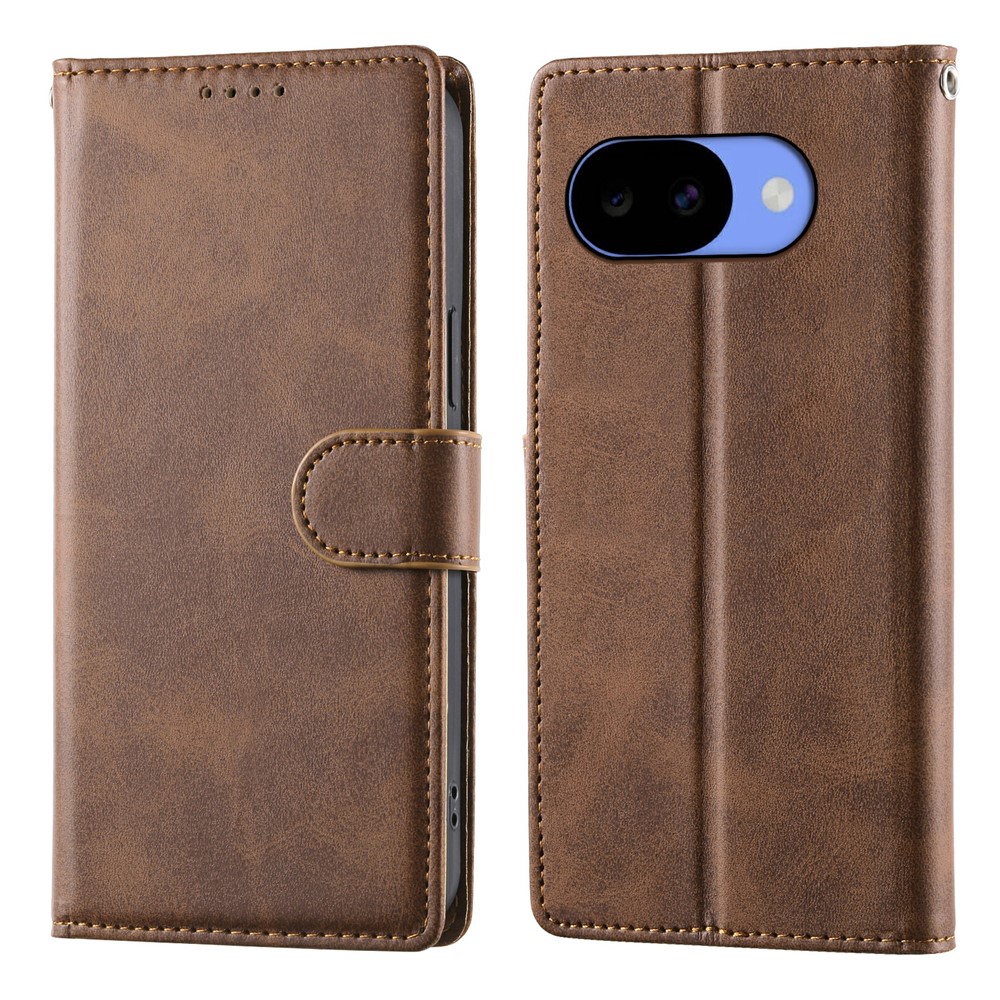 For Google Pixel 11a Phone Case Stand Wallet Calf Texture PU Leather Flip Phone Cover with Wrist Strap - Brown