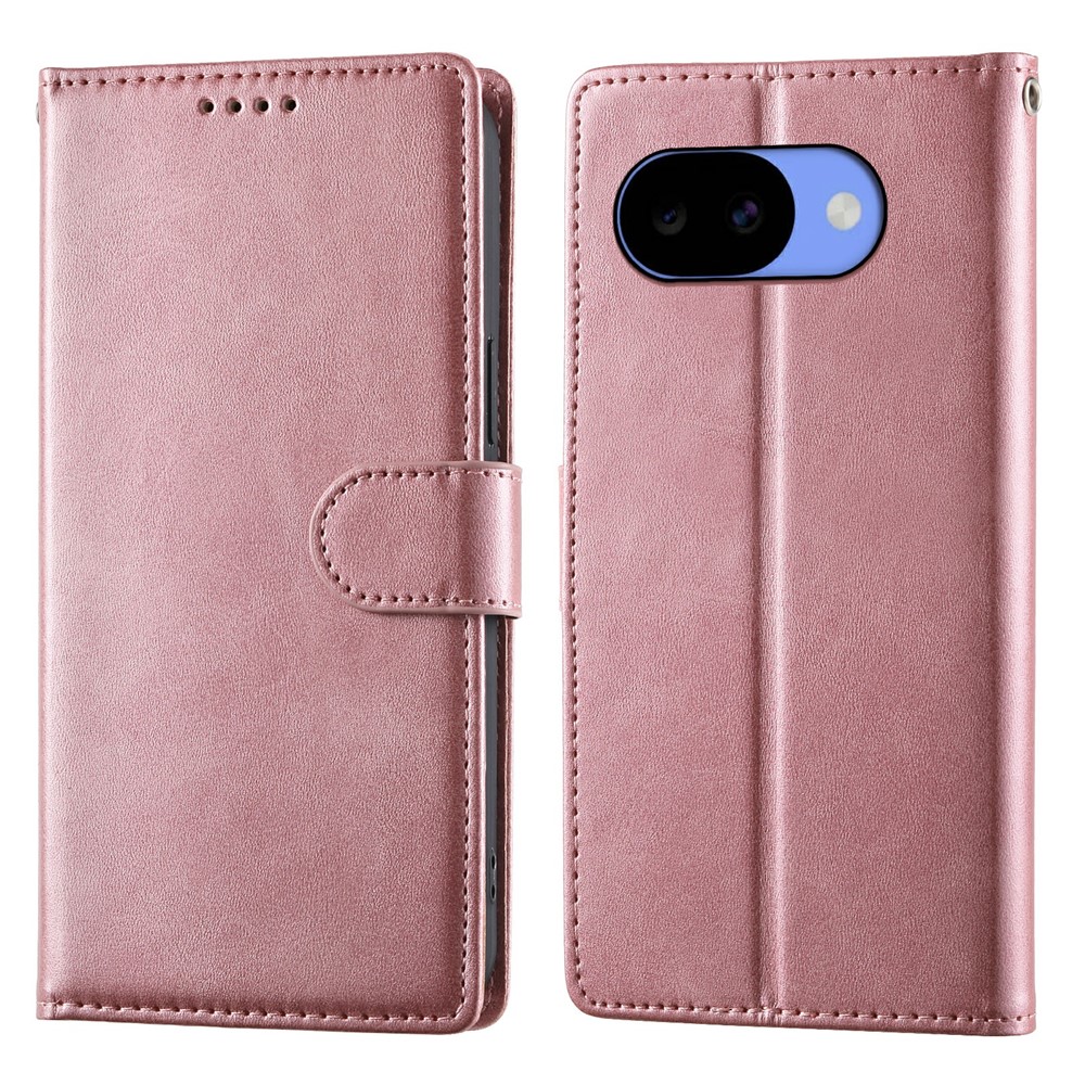 For Google Pixel 11a Phone Case Stand Wallet Calf Texture PU Leather Flip Phone Cover with Wrist Strap - Pink