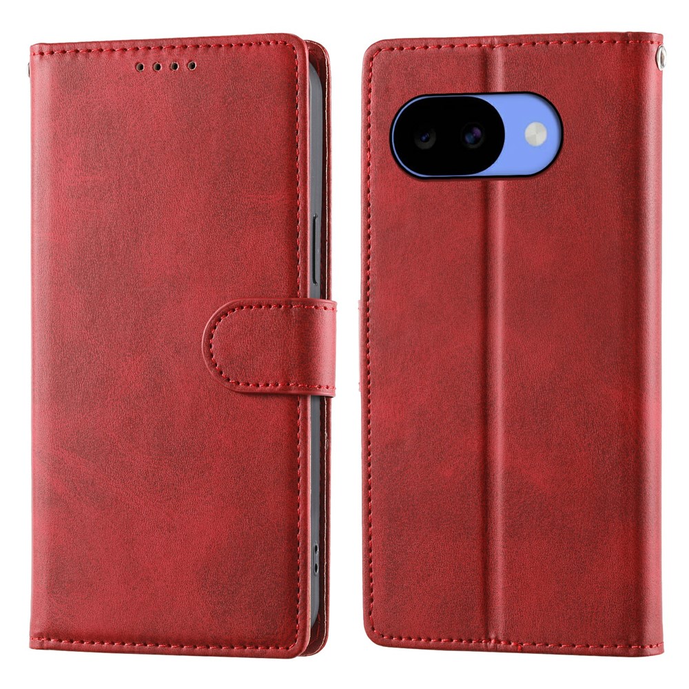 For Google Pixel 11a Phone Case Stand Wallet Calf Texture PU Leather Flip Phone Cover with Wrist Strap - Red