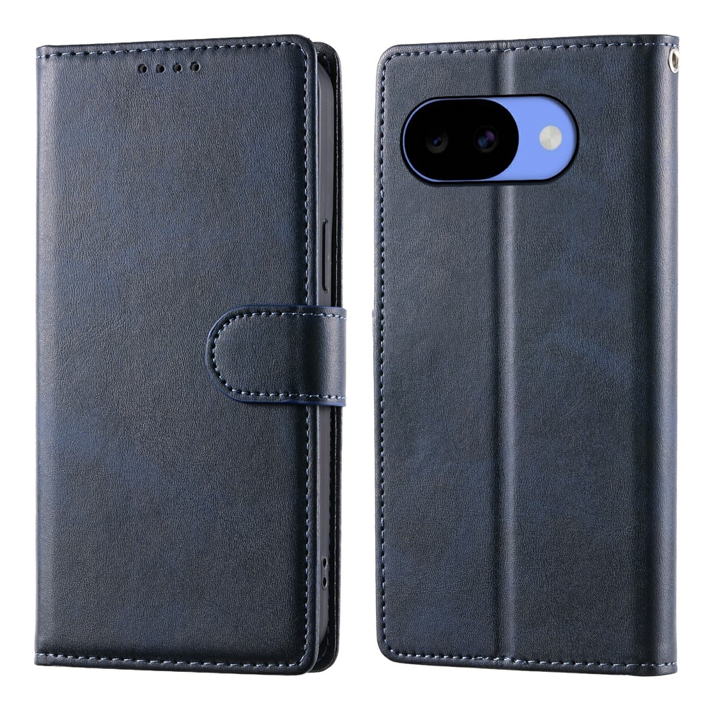 For Google Pixel 11a Phone Case Stand Wallet Calf Texture PU Leather Flip Phone Cover with Wrist Strap - Blue