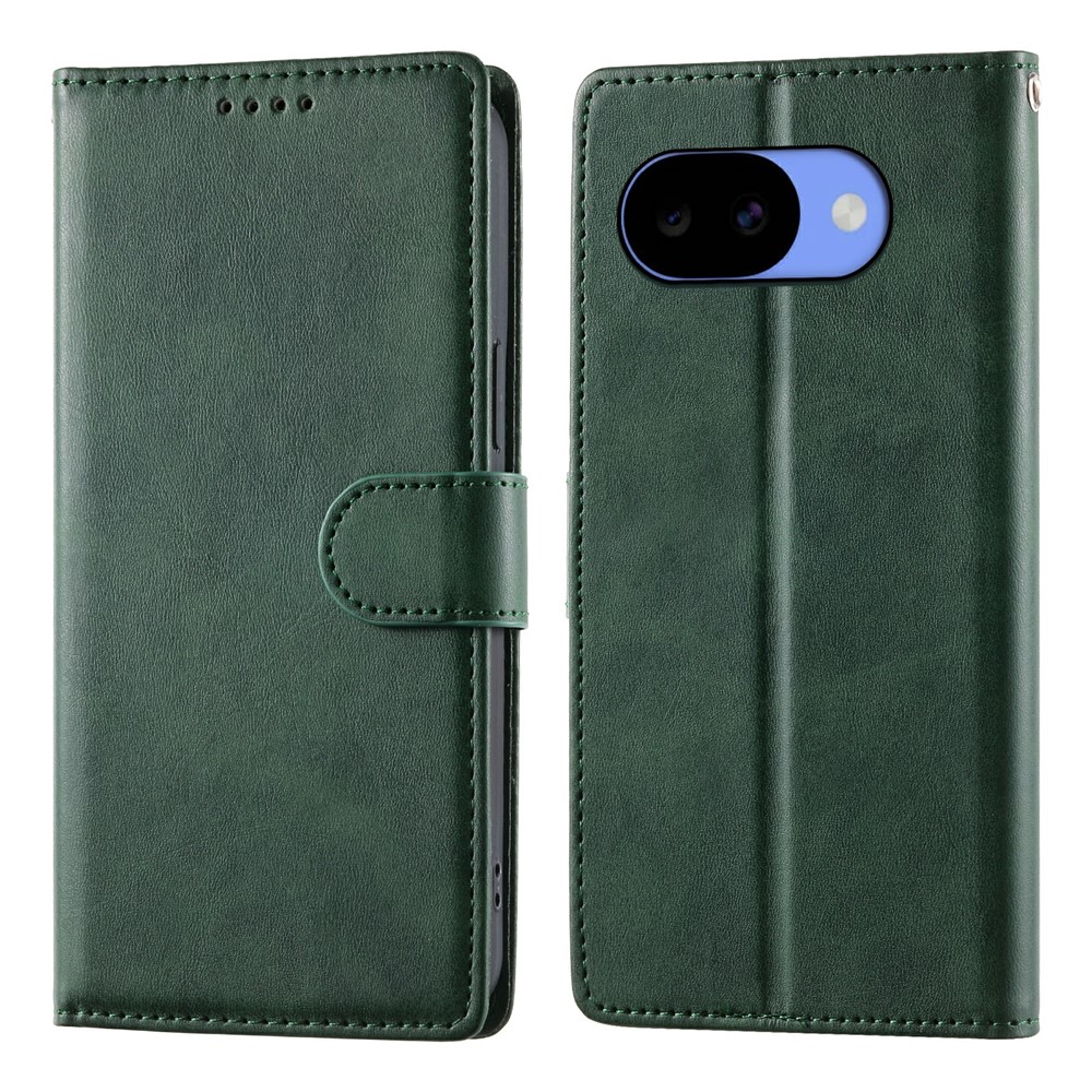 For Google Pixel 11a Phone Case Stand Wallet Calf Texture PU Leather Flip Phone Cover with Wrist Strap - Green