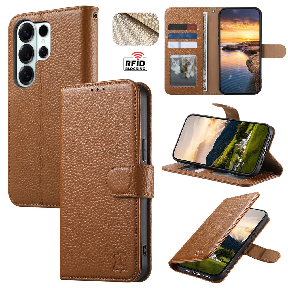 For Samsung Galaxy S25 Ultra Case RFID Blocking Wallet Split Leather Phone Cover - Brown