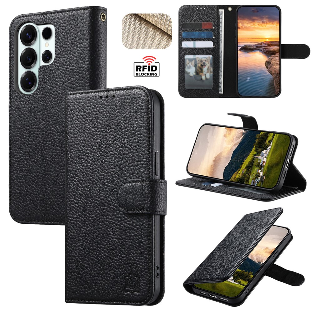 For Samsung Galaxy S25 Ultra Case RFID Blocking Wallet Split Leather Phone Cover - Black