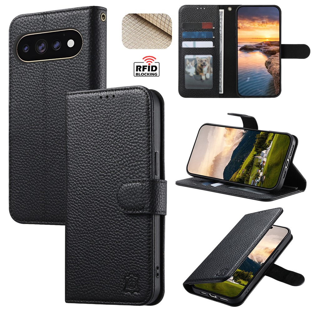 For Google Pixel 11 Pro / Pixel 11 Case RFID Blocking Wallet Split Leather Phone Cover - Black