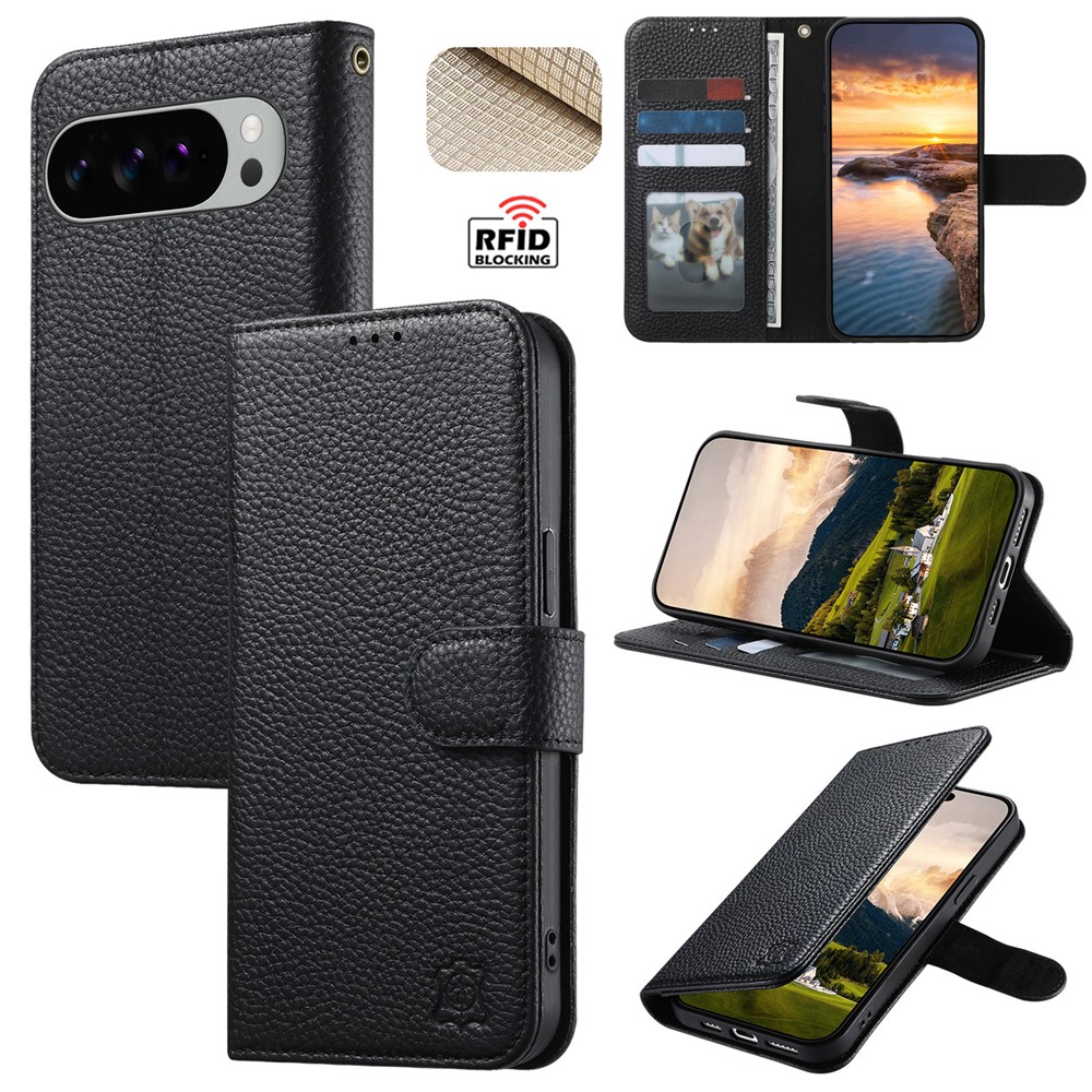 For Google Pixel 10 Pro XL / Pixel 9 Pro XL Case RFID Blocking Wallet Split Leather Phone Cover - Black