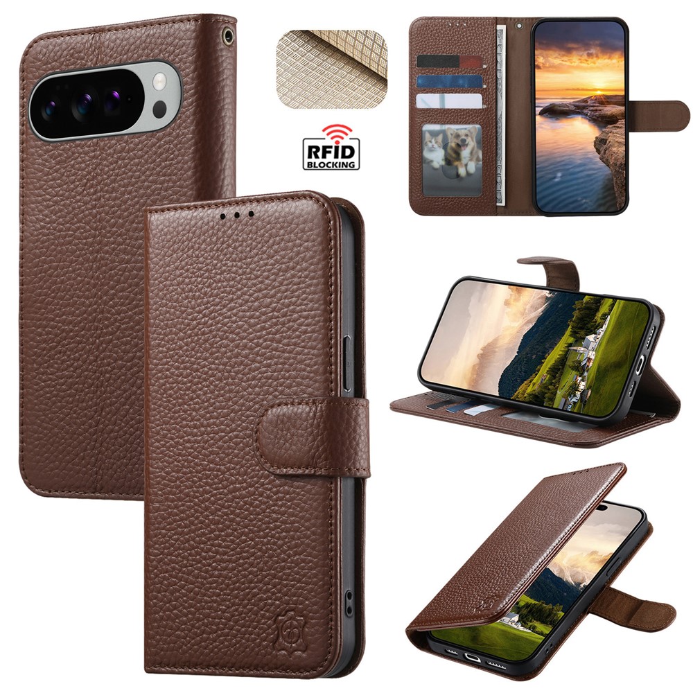 For Google Pixel 10 Pro XL / Pixel 9 Pro XL Case RFID Blocking Wallet Split Leather Phone Cover - Dark Brown