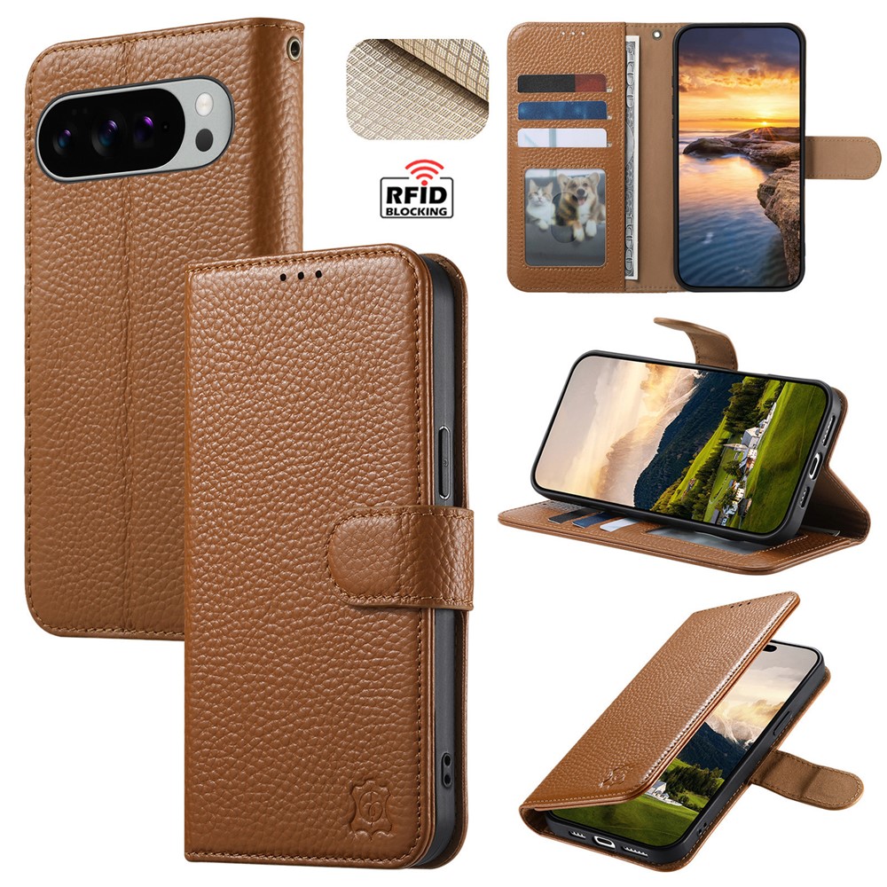 Phone Case for Google Pixel 10 / Pixel 10 Pro / Pixel 9 / Pixel 9 Pro , RFID Blocking Wallet Split Leather Cover - Brown