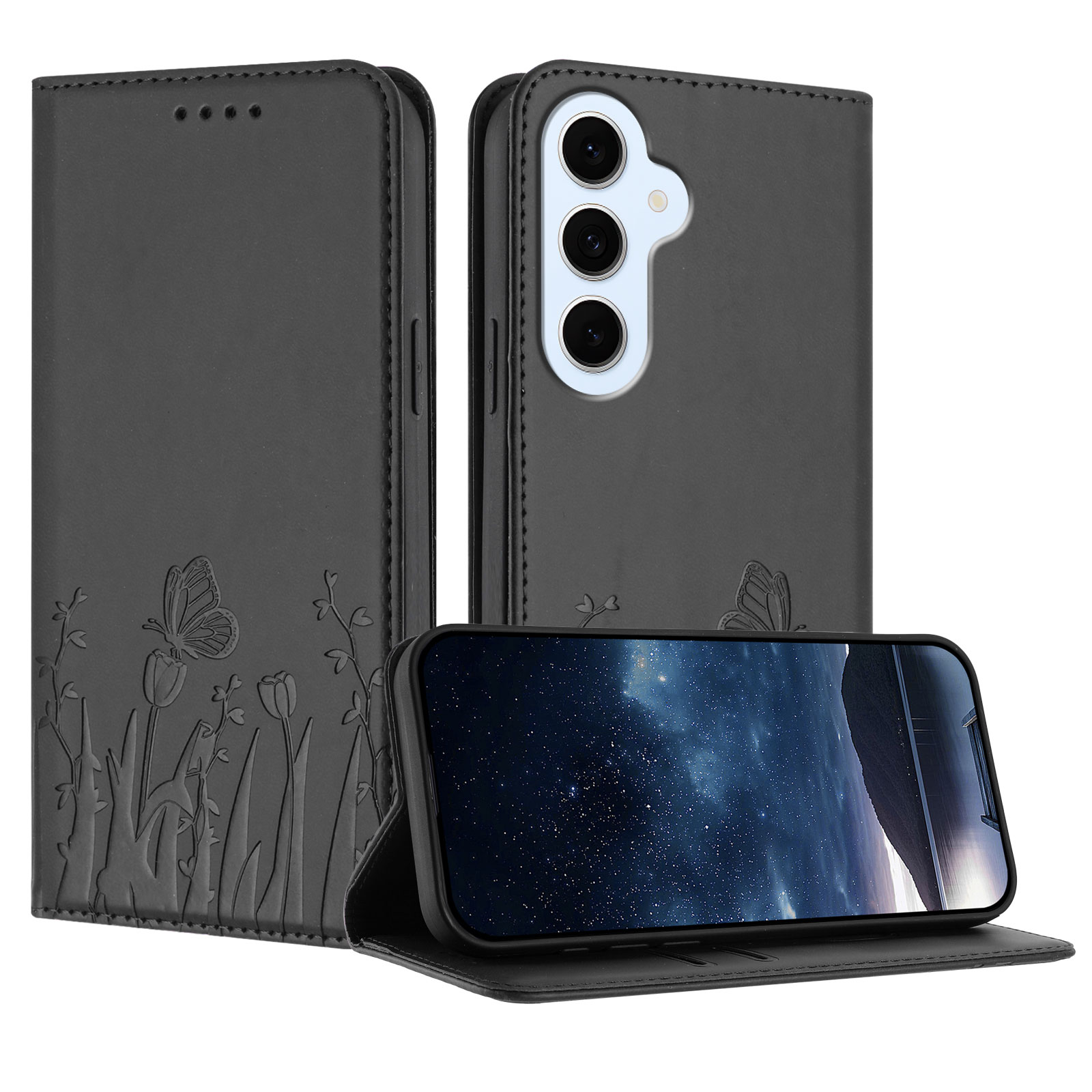 For Samsung Galaxy S25 FE / Galaxy S26 FE Tulip and Butterfly Pattern Magnetic Closure PU Leather Wallet Phone Cover - Black