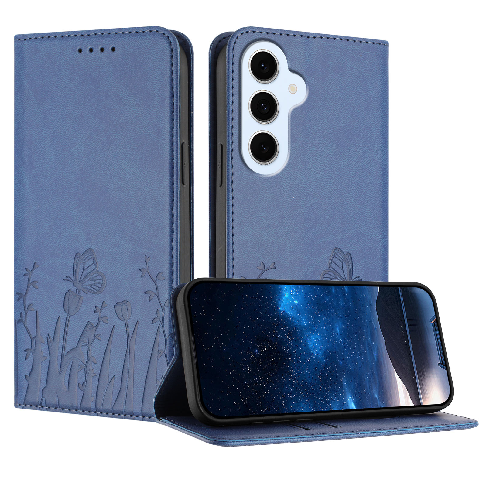 For Samsung Galaxy S25 FE / Galaxy S26 FE Tulip and Butterfly Pattern Magnetic Closure PU Leather Wallet Phone Cover - Royal Blue