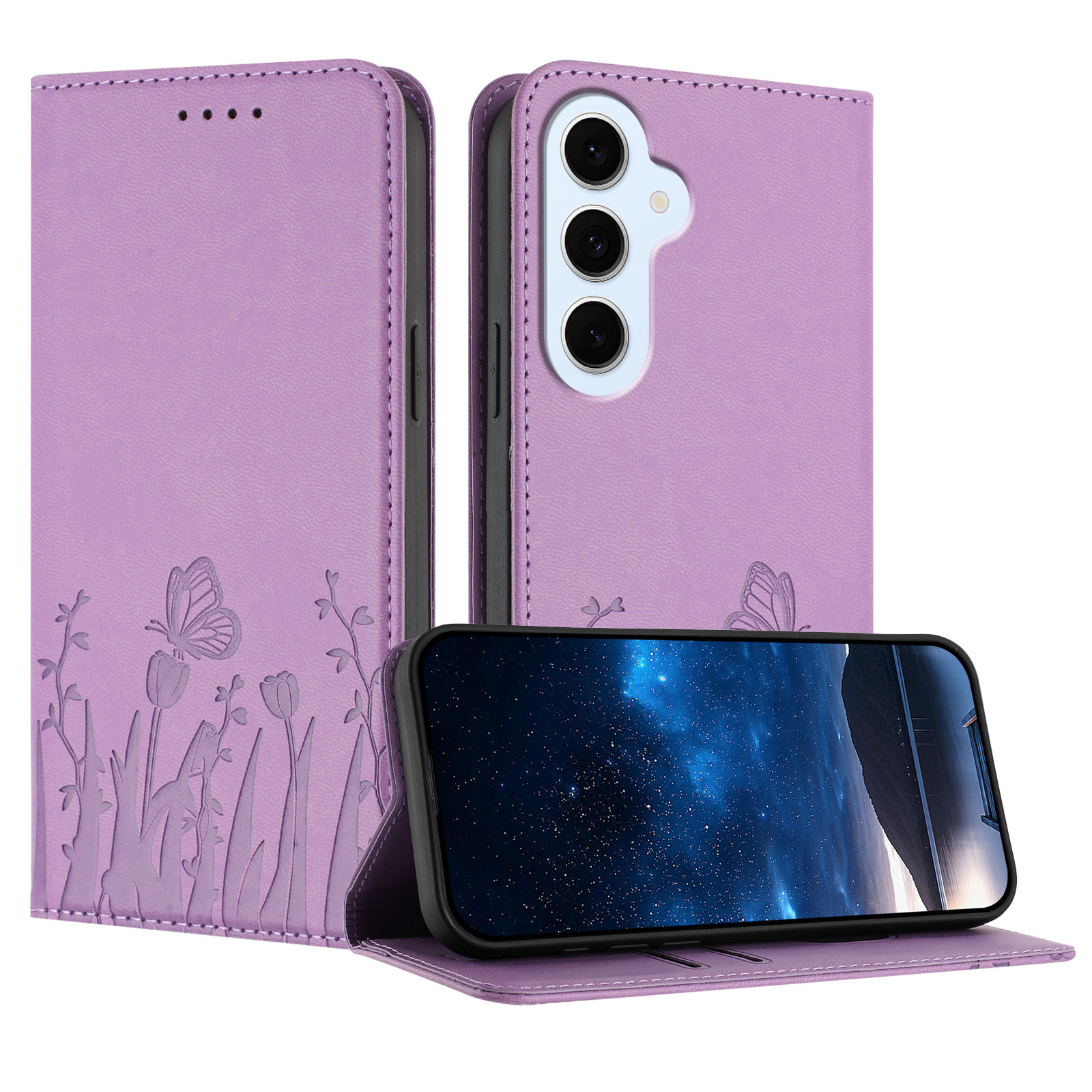 For Samsung Galaxy S25 FE / Galaxy S26 FE Tulip and Butterfly Pattern Magnetic Closure PU Leather Wallet Phone Cover - Light Purple