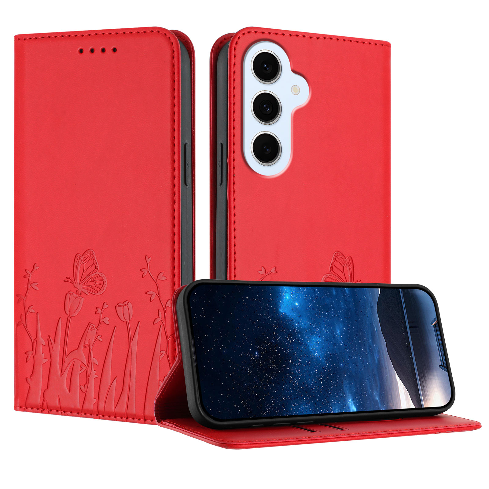 For Samsung Galaxy S25 FE / Galaxy S26 FE Tulip and Butterfly Pattern Magnetic Closure PU Leather Wallet Phone Cover - Red