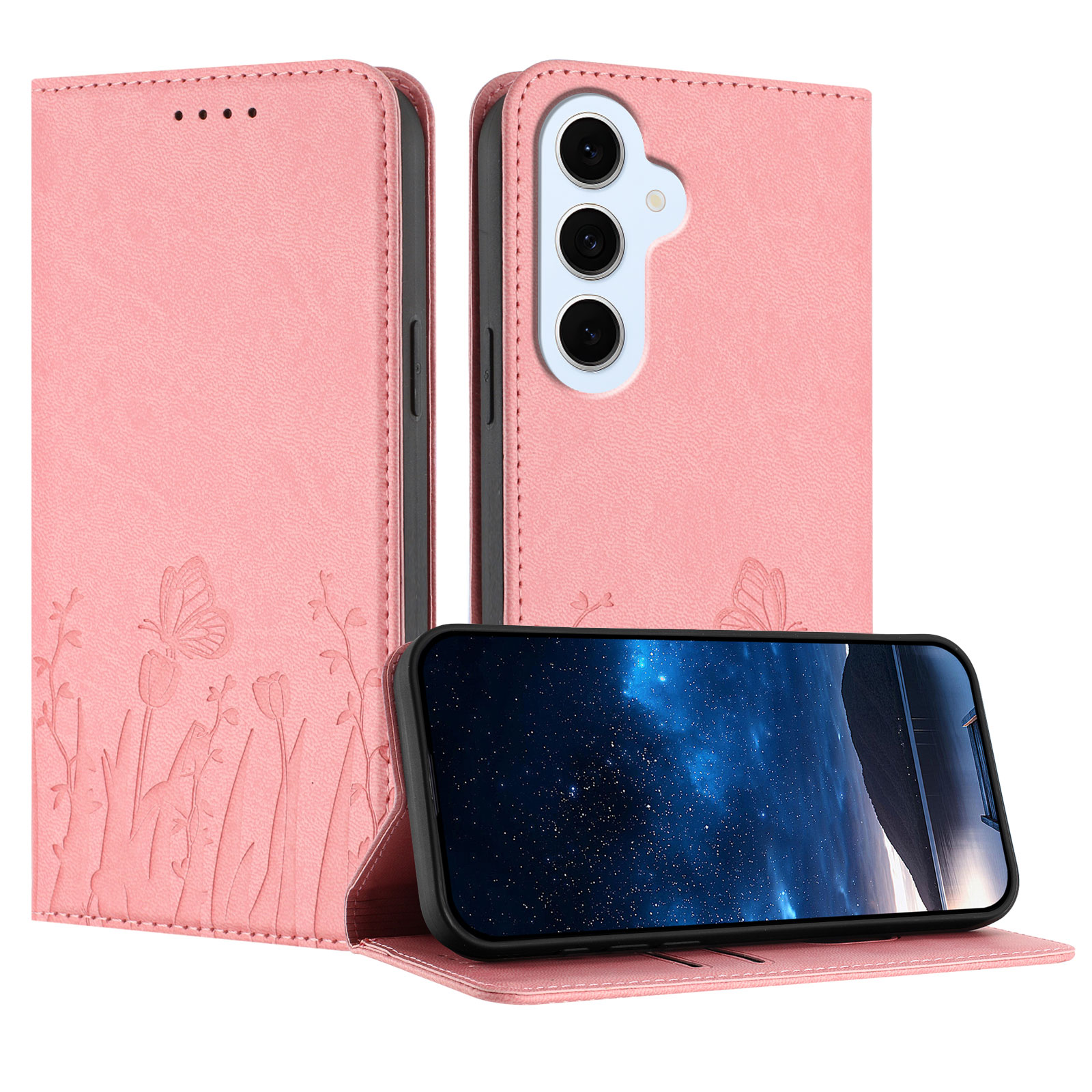 For Samsung Galaxy S25 FE / Galaxy S26 FE Tulip and Butterfly Pattern Magnetic Closure PU Leather Wallet Phone Cover - Pink