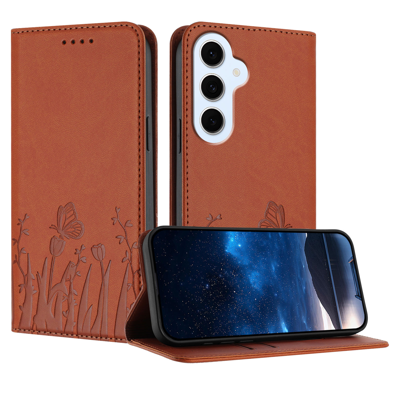 For Samsung Galaxy S25 FE / Galaxy S26 FE Tulip and Butterfly Pattern Magnetic Closure PU Leather Wallet Phone Cover - Coffee