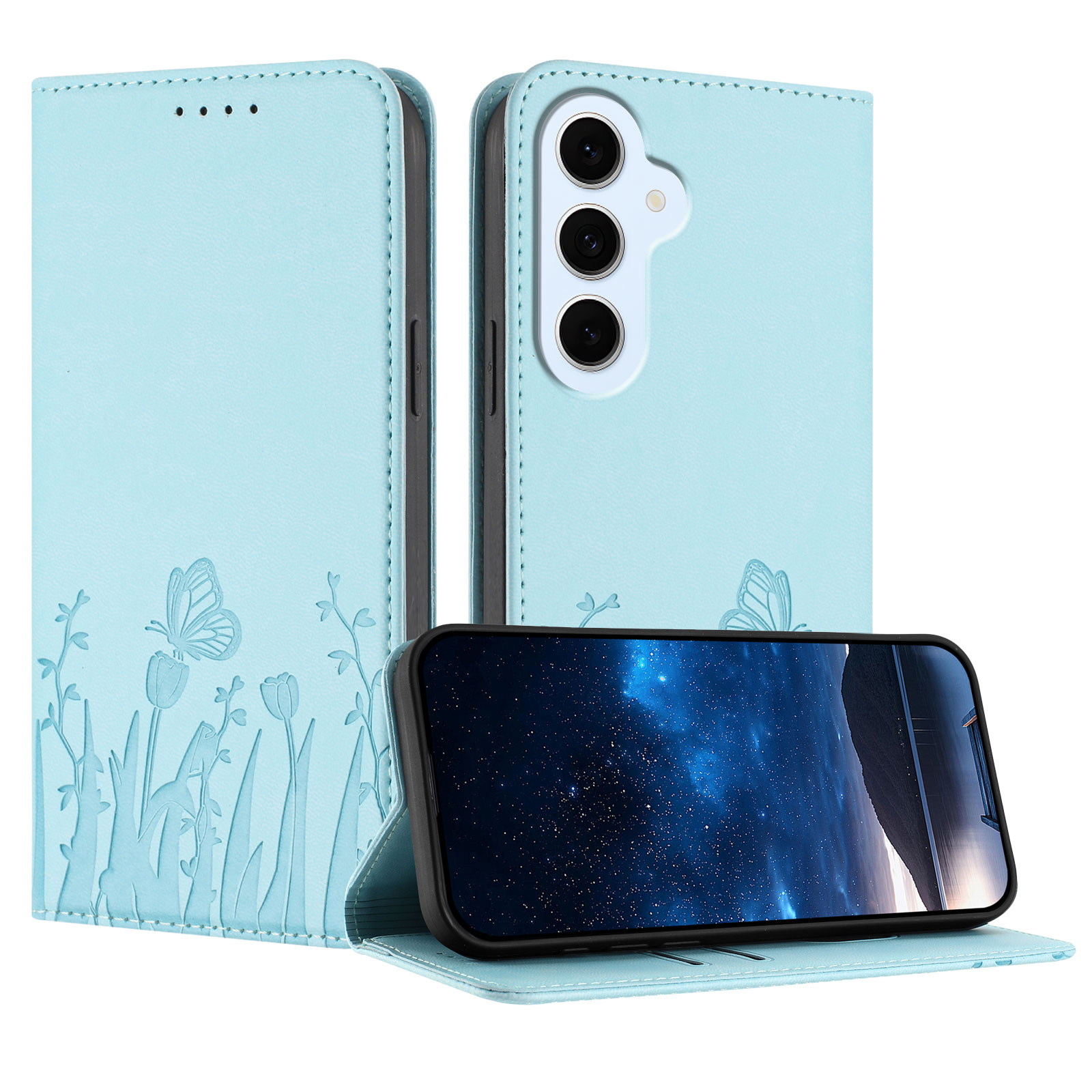For Samsung Galaxy S25 FE / Galaxy S26 FE Tulip and Butterfly Pattern Magnetic Closure PU Leather Wallet Phone Cover - Light Blue