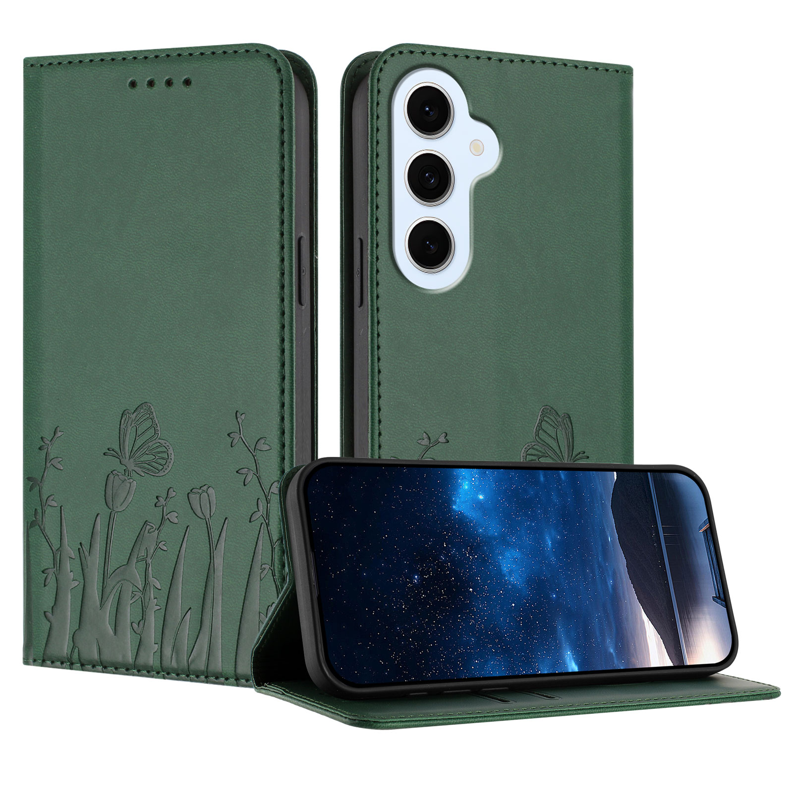For Samsung Galaxy S25 FE / Galaxy S26 FE Tulip and Butterfly Pattern Magnetic Closure PU Leather Wallet Phone Cover - Dark Green