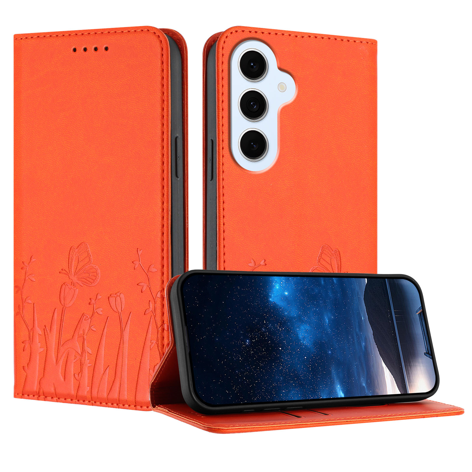 For Samsung Galaxy S25 FE / Galaxy S26 FE Tulip and Butterfly Pattern Magnetic Closure PU Leather Wallet Phone Cover - Orange