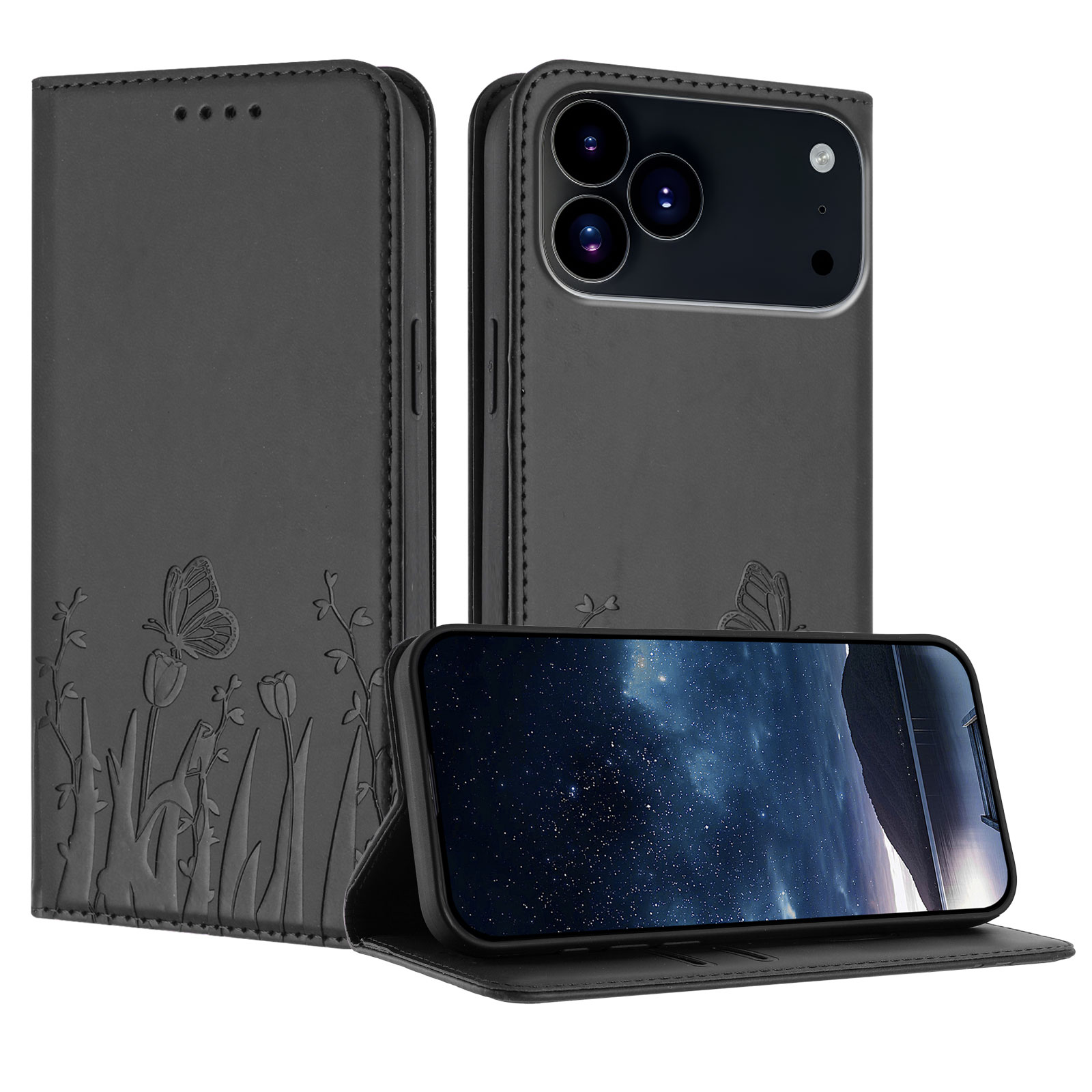 For iPhone 17 Pro Max / iPhone 18 Pro Max Tulip and Butterfly Pattern Magnetic Closure PU Leather Wallet Phone Cover - Black
