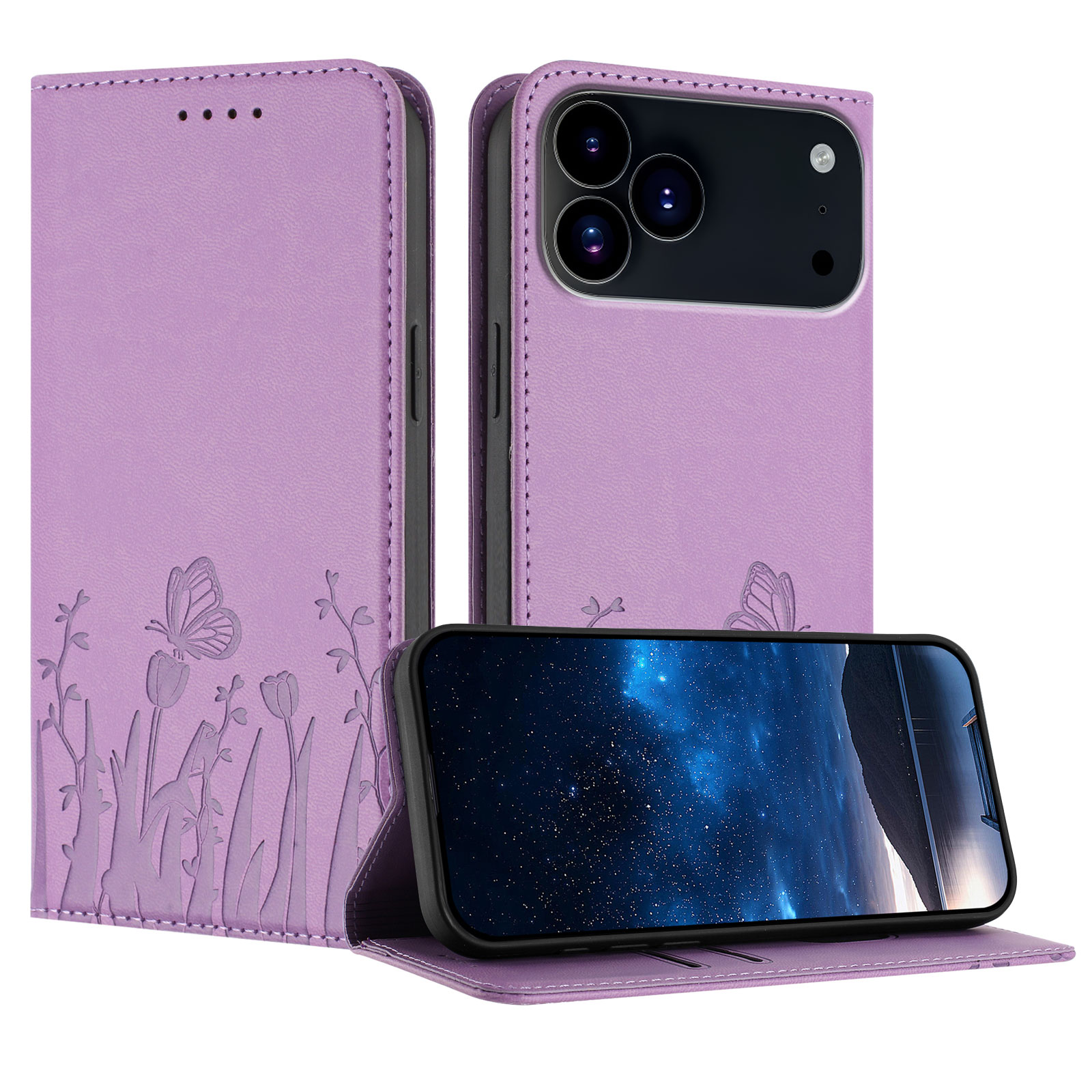 For iPhone 17 Pro Max / iPhone 18 Pro Max Tulip and Butterfly Pattern Magnetic Closure PU Leather Wallet Phone Cover - Light Purple
