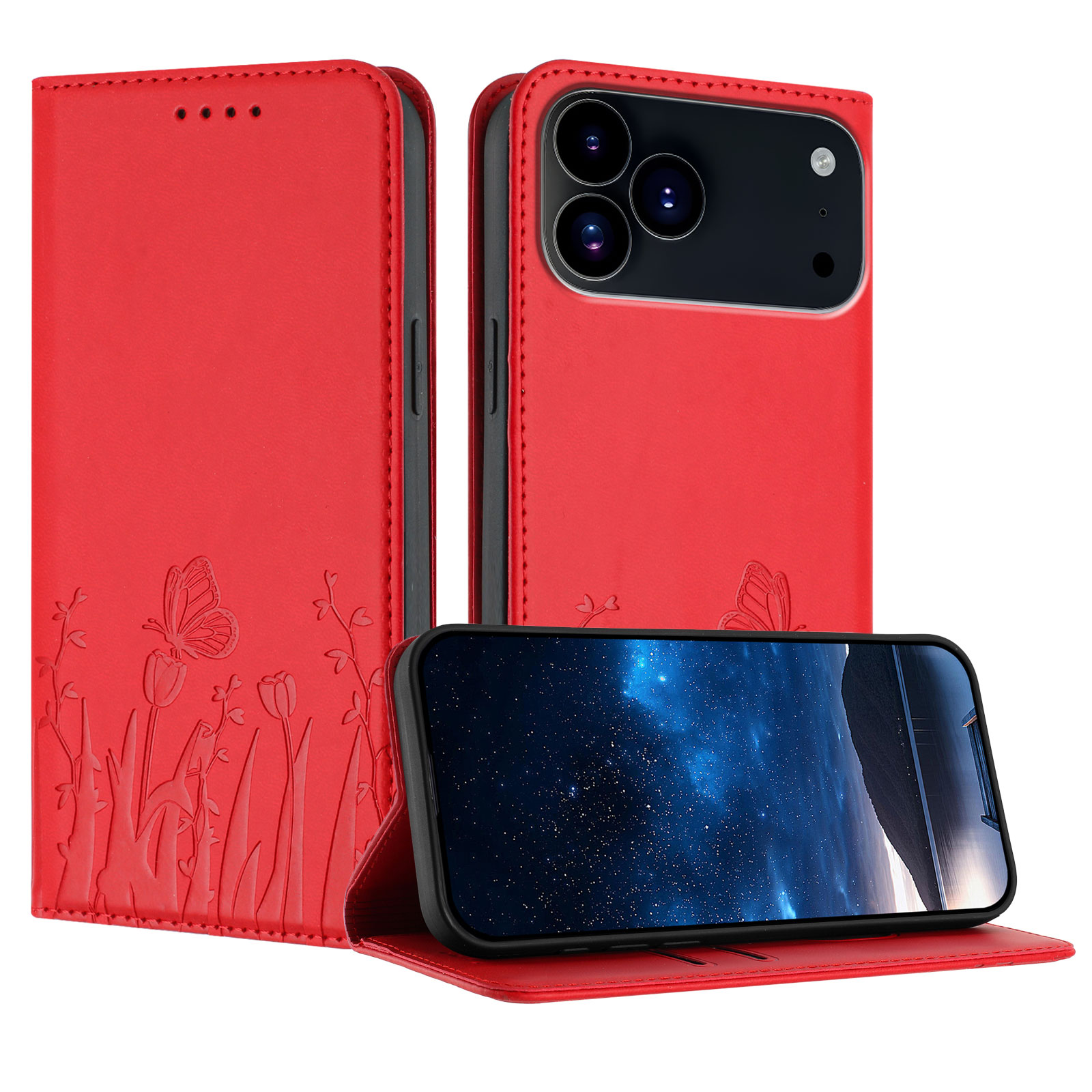 For iPhone 17 Pro Max / iPhone 18 Pro Max Tulip and Butterfly Pattern Magnetic Closure PU Leather Wallet Phone Cover - Red
