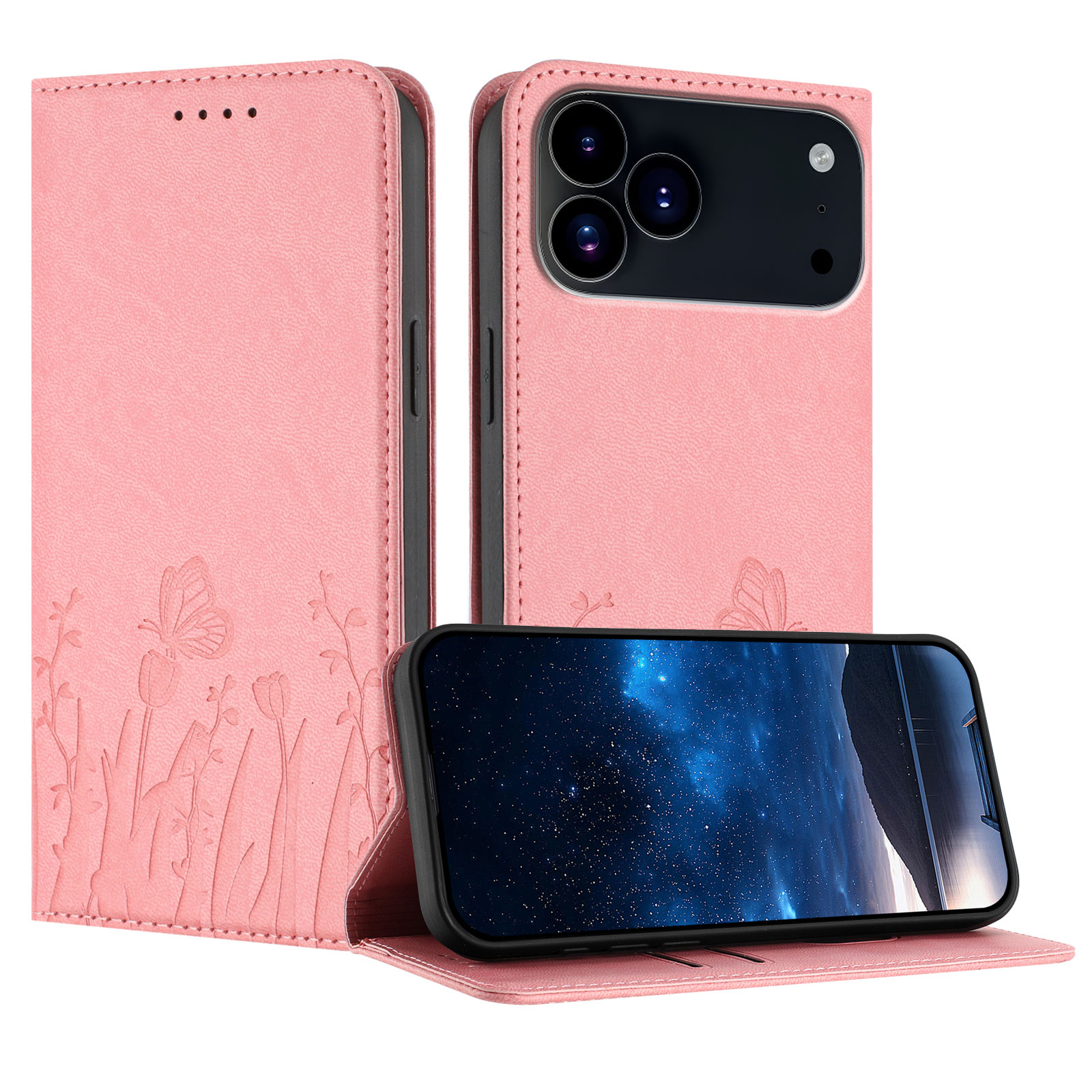 For iPhone 17 Pro Max / iPhone 18 Pro Max Tulip and Butterfly Pattern Magnetic Closure PU Leather Wallet Phone Cover - Pink