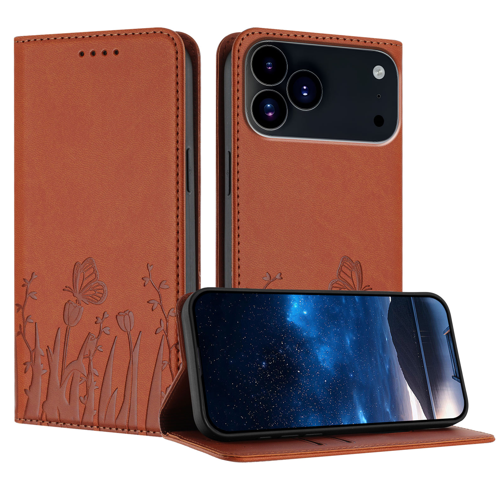 For iPhone 17 Pro Max / iPhone 18 Pro Max Tulip and Butterfly Pattern Magnetic Closure PU Leather Wallet Phone Cover - Coffee