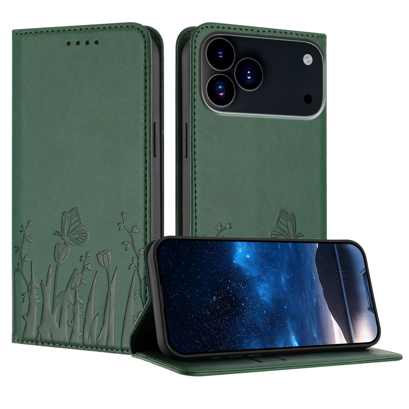 For iPhone 17 Pro Max / iPhone 18 Pro Max Tulip and Butterfly Pattern Magnetic Closure PU Leather Wallet Phone Cover - Dark Green