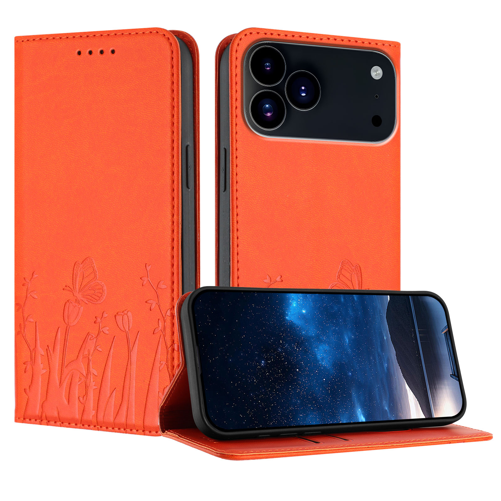For iPhone 17 Pro Max / iPhone 18 Pro Max Tulip and Butterfly Pattern Magnetic Closure PU Leather Wallet Phone Cover - Orange