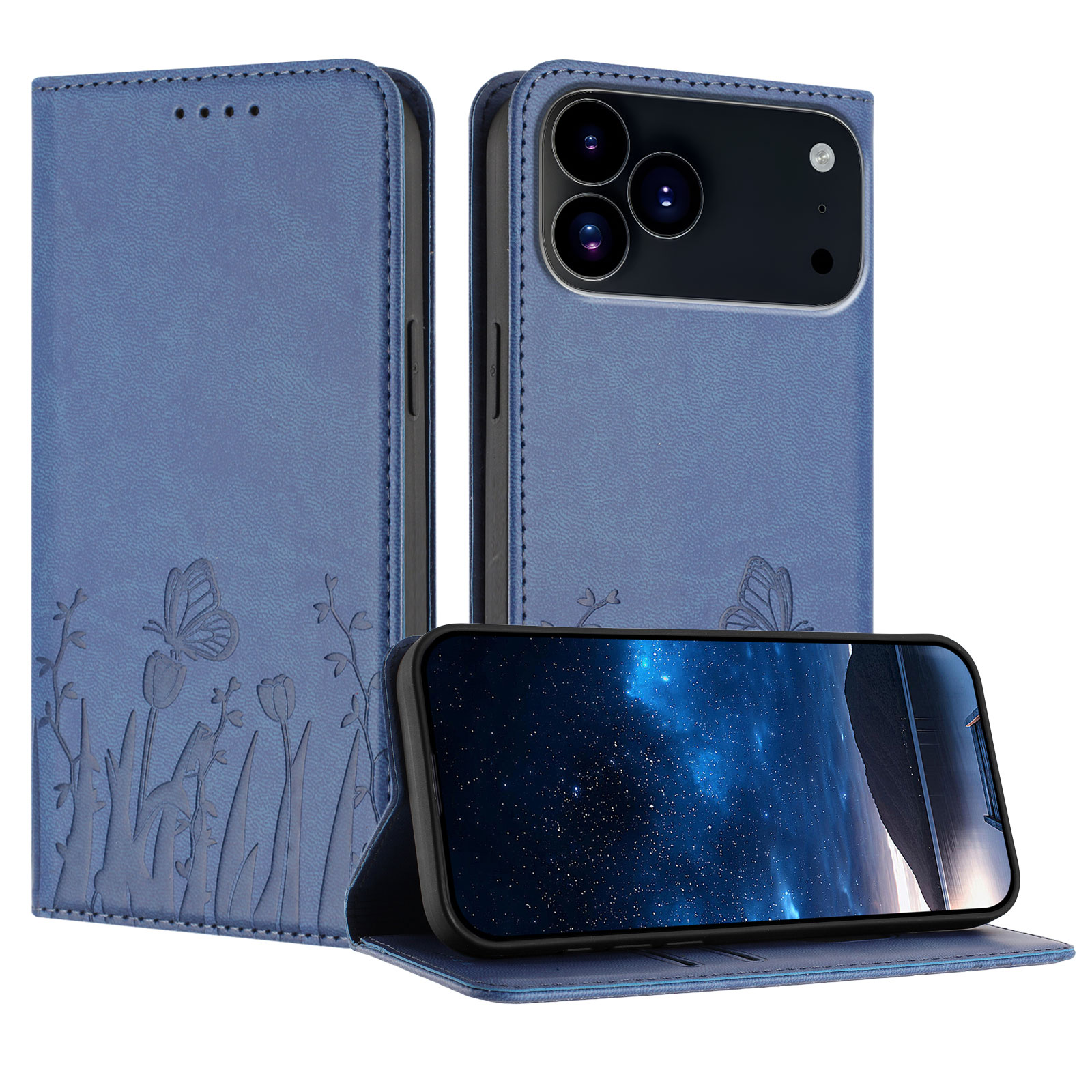 For iPhone 17 Pro / iPhone 18 Pro Tulip and Butterfly Pattern Magnetic Closure PU Leather Wallet Phone Cover - Royal Blue