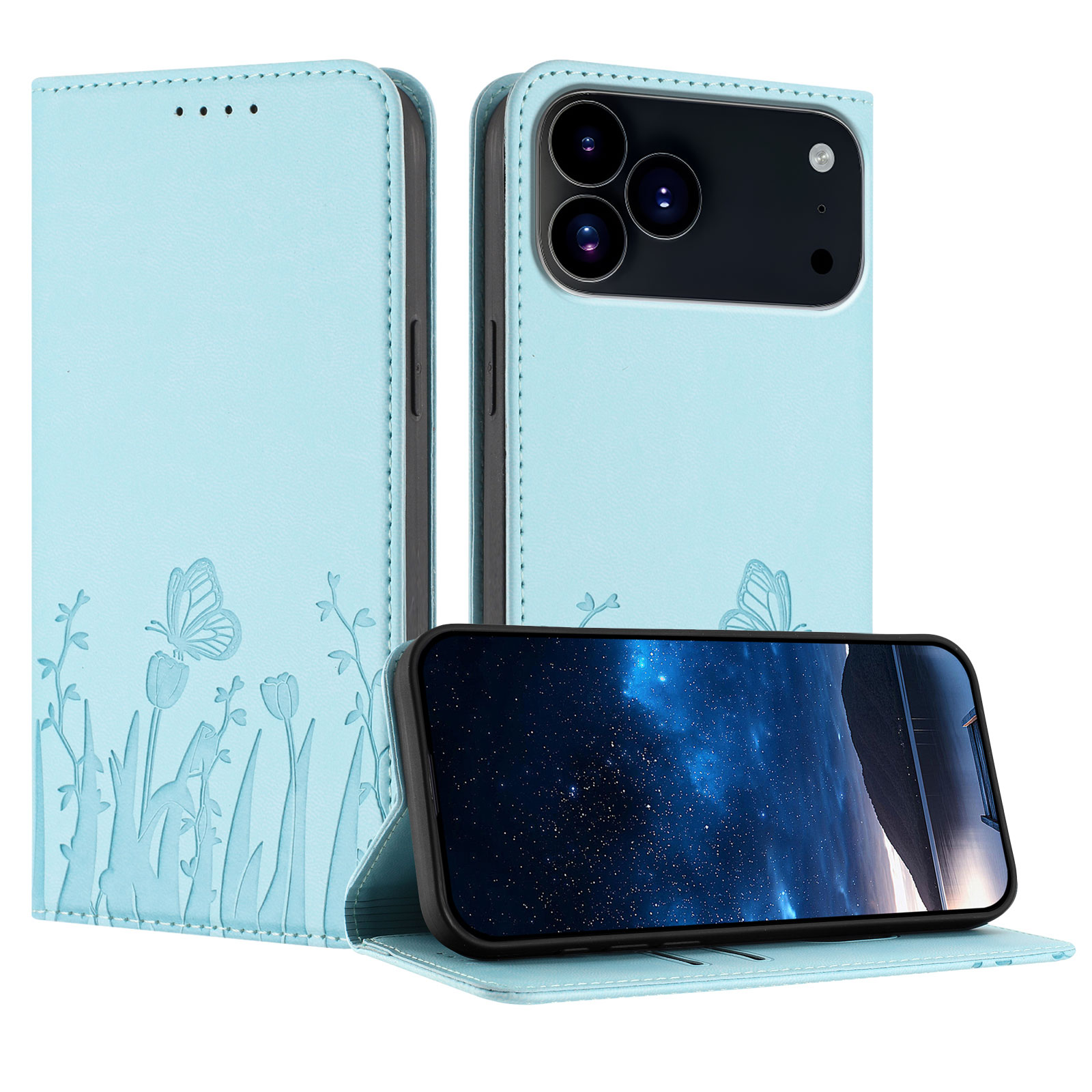 For iPhone 17 Pro / iPhone 18 Pro Tulip and Butterfly Pattern Magnetic Closure PU Leather Wallet Phone Cover - Light Blue