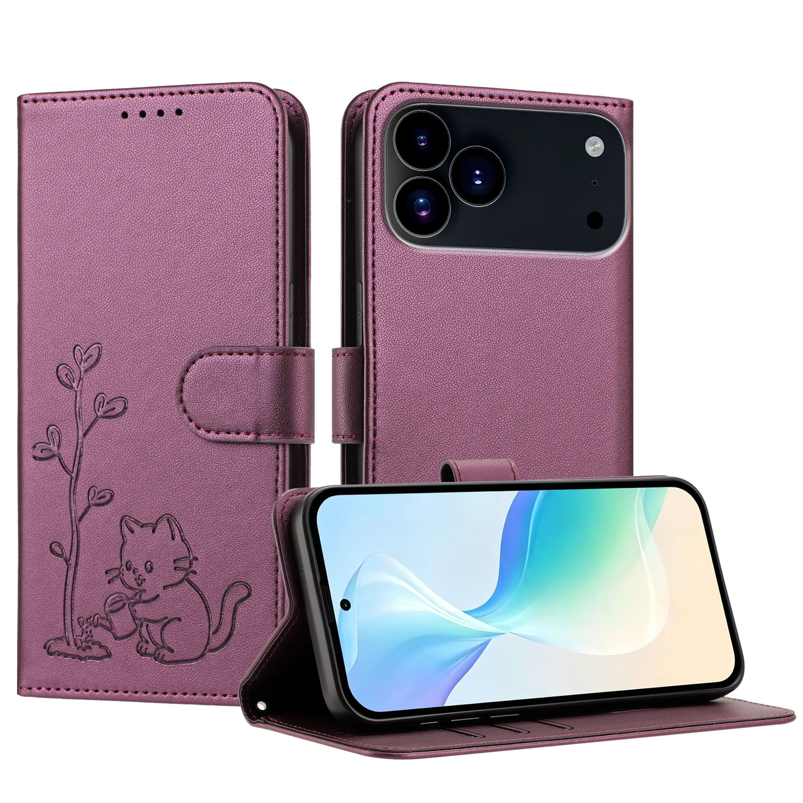 For iPhone 17 Pro / iPhone 18 Pro Case Cat Watering Plant Pattern PU Leather Wallet Stand Phone Cover - Deep Purple