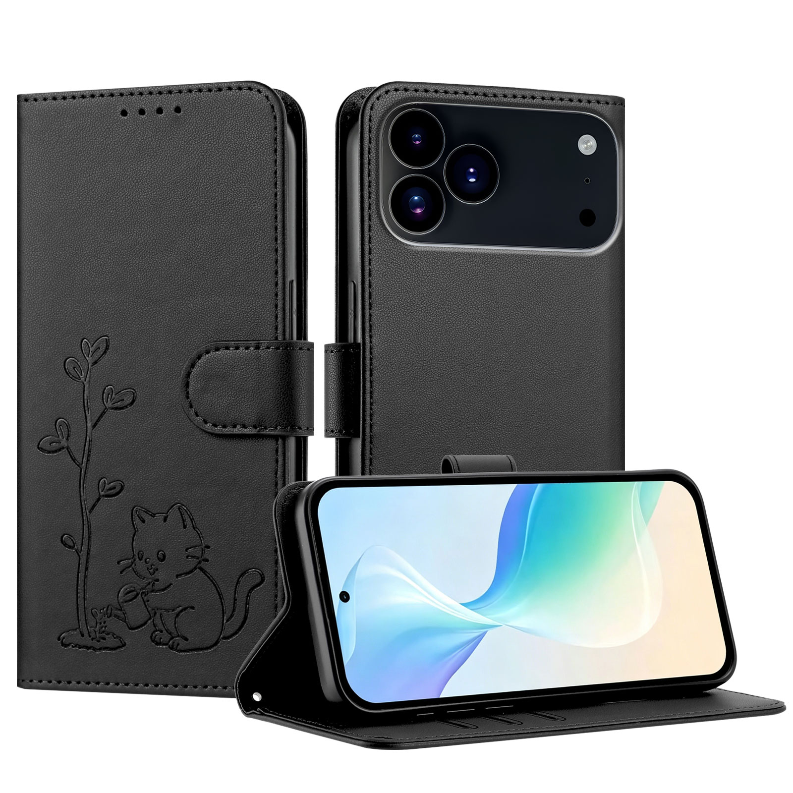 For iPhone 17 Pro Max / iPhone 18 Pro Max Case Cat Watering Plant Pattern PU Leather Wallet Stand Phone Cover - Black
