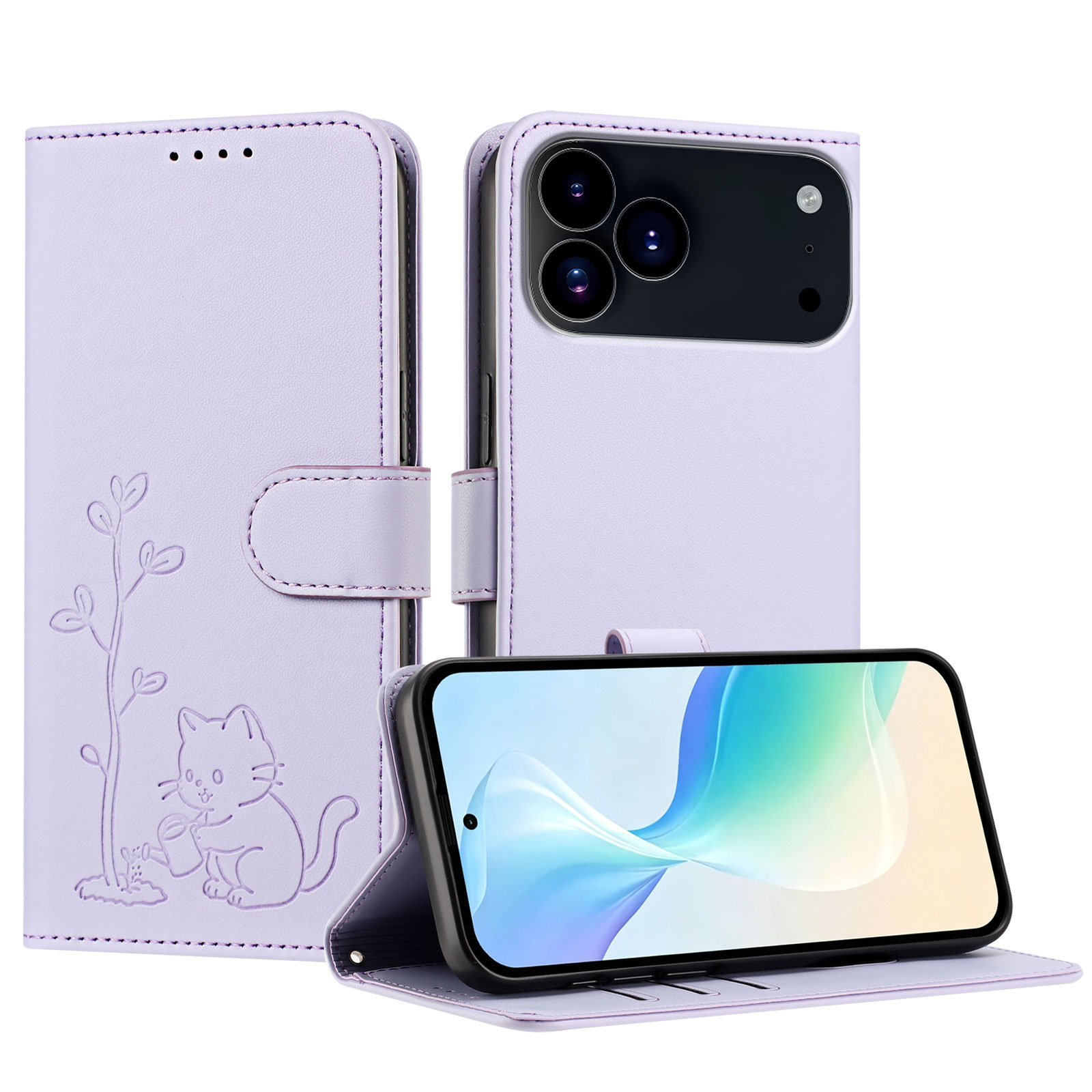For iPhone 17 Pro Max / iPhone 18 Pro Max Case Cat Watering Plant Pattern PU Leather Wallet Stand Phone Cover - Light Purple