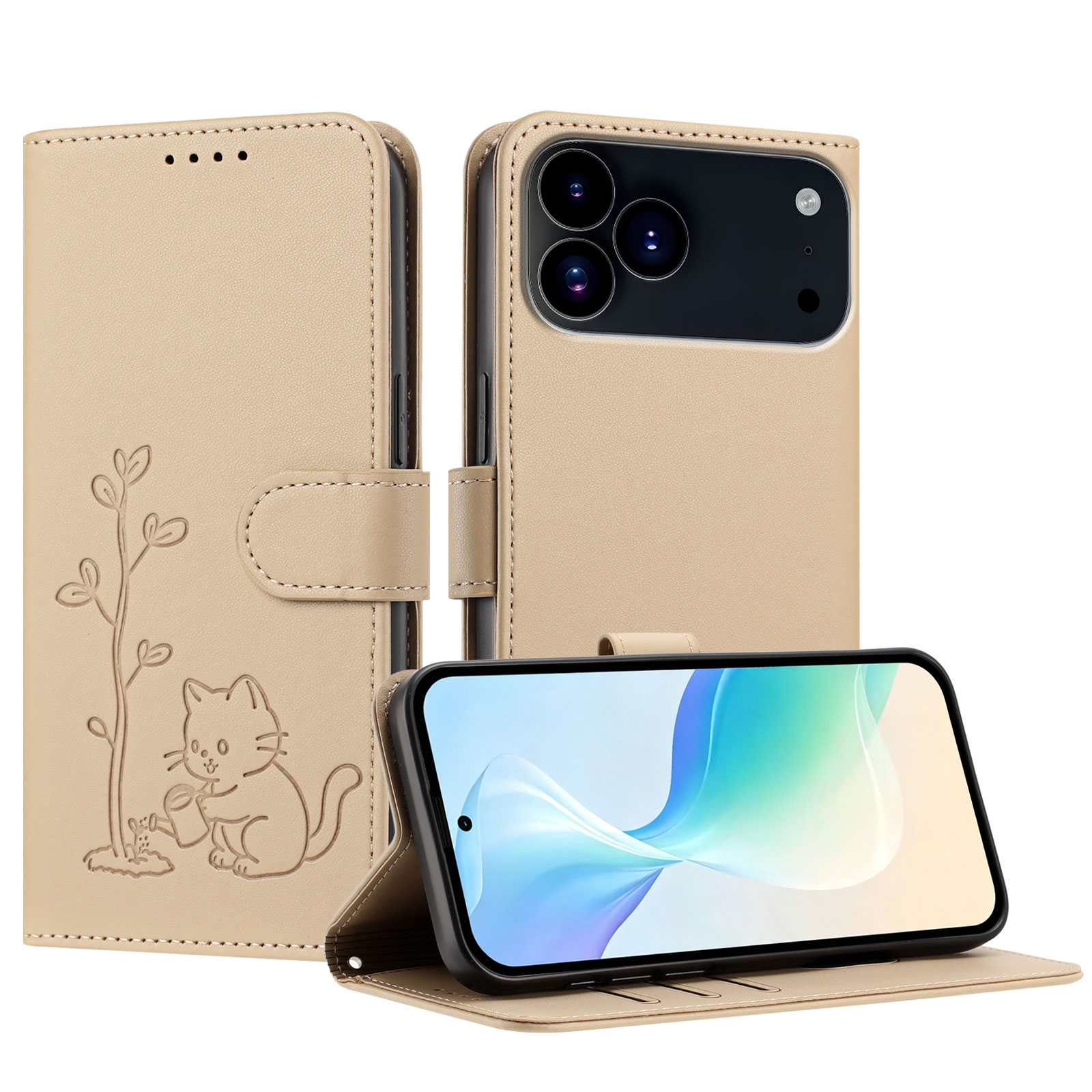 For iPhone 17 Pro Max / iPhone 18 Pro Max Case Cat Watering Plant Pattern PU Leather Wallet Stand Phone Cover - Golden