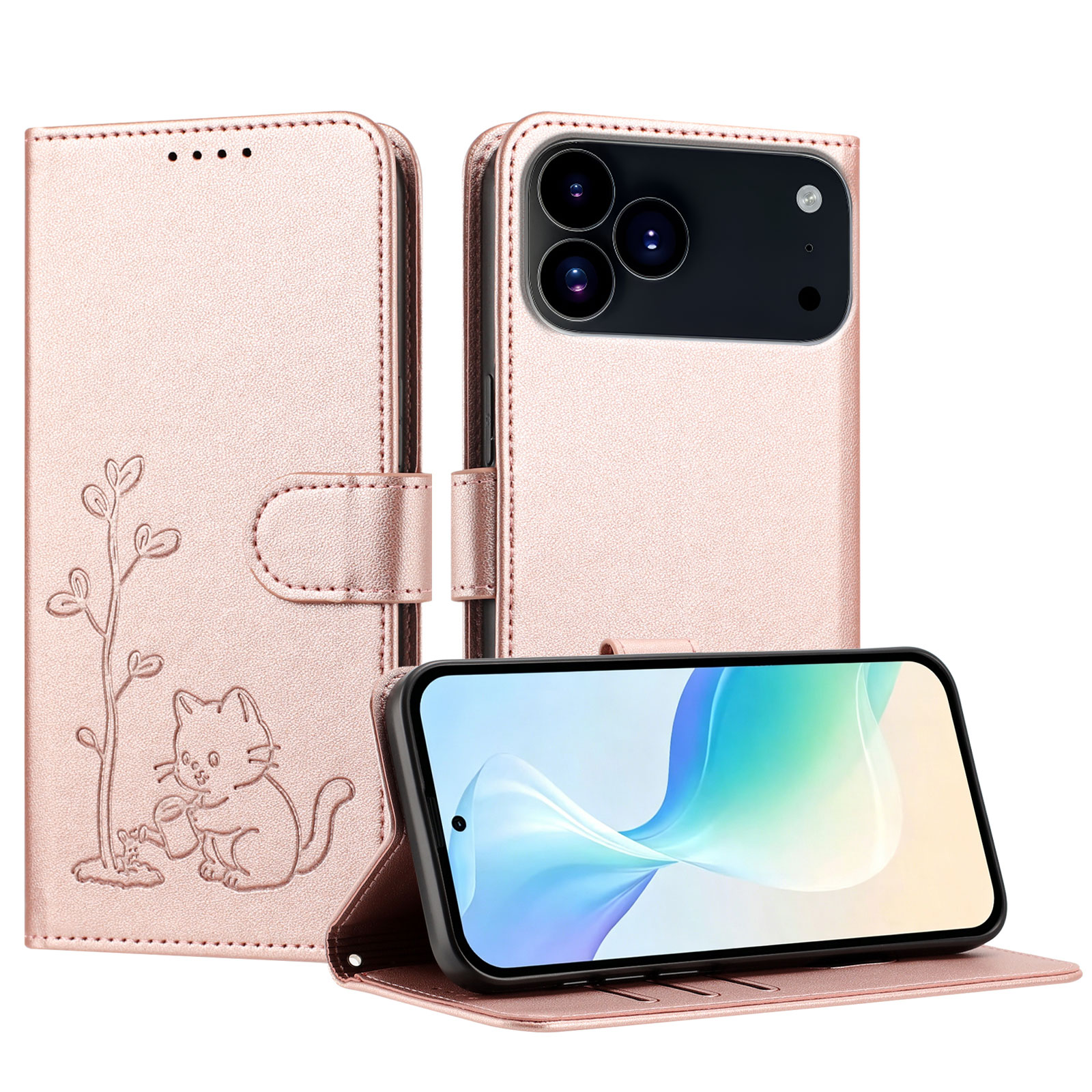 For iPhone 17 Pro Max / iPhone 18 Pro Max Case Cat Watering Plant Pattern PU Leather Wallet Stand Phone Cover - Rose Gold
