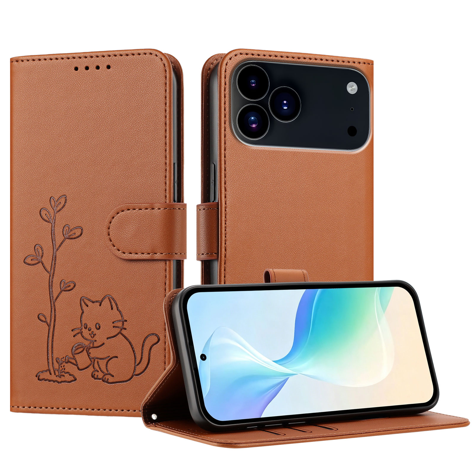 For iPhone 17 Pro Max / iPhone 18 Pro Max Case Cat Watering Plant Pattern PU Leather Wallet Stand Phone Cover - Coffee