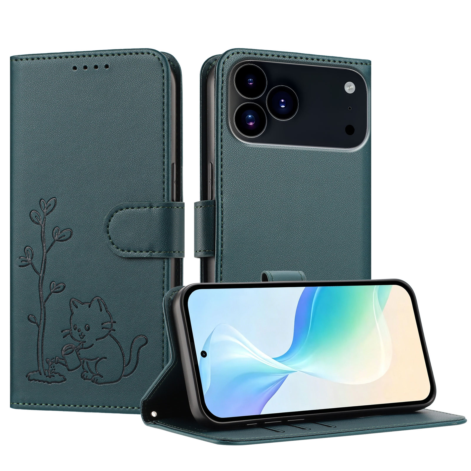 For iPhone 17 Pro Max / iPhone 18 Pro Max Case Cat Watering Plant Pattern PU Leather Wallet Stand Phone Cover - Dark Green