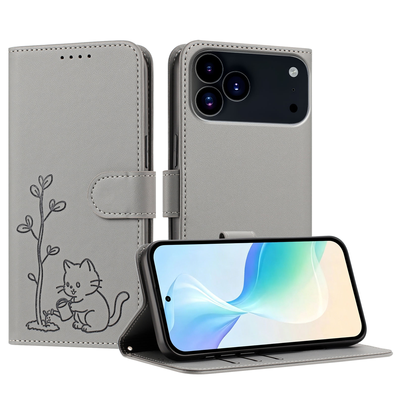 For iPhone 17 Pro Max / iPhone 18 Pro Max Case Cat Watering Plant Pattern PU Leather Wallet Stand Phone Cover - Grey