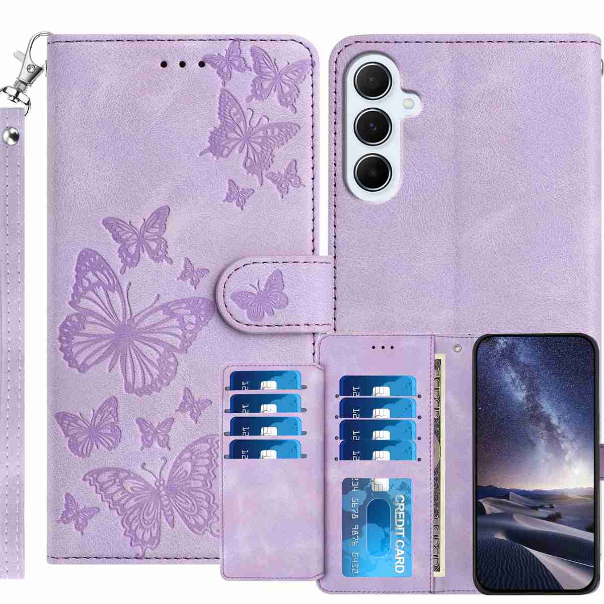 For Samsung Galaxy A18 5G / Galaxy A26 5G / Galaxy A17 5G Wallet Case with 8 Card Slot Stand Imprinted Butterfly Pattern PU Leather Phone Cover with Wrist Strap - Purple