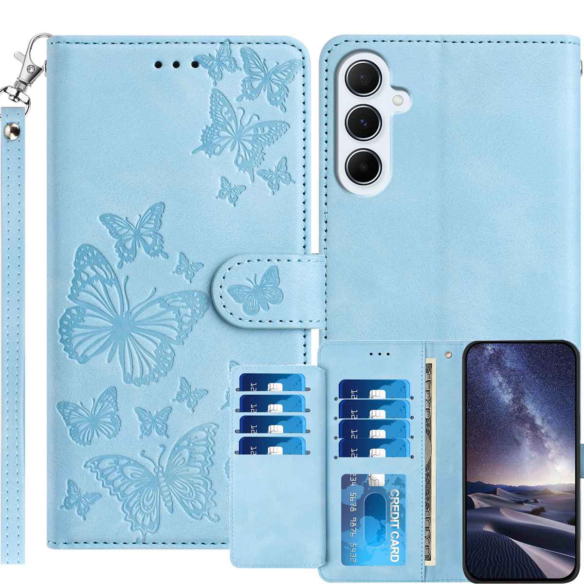 For Samsung Galaxy A18 5G / Galaxy A26 5G / Galaxy A17 5G Wallet Case with 8 Card Slot Stand Imprinted Butterfly Pattern PU Leather Phone Cover with Wrist Strap - Sky Blue