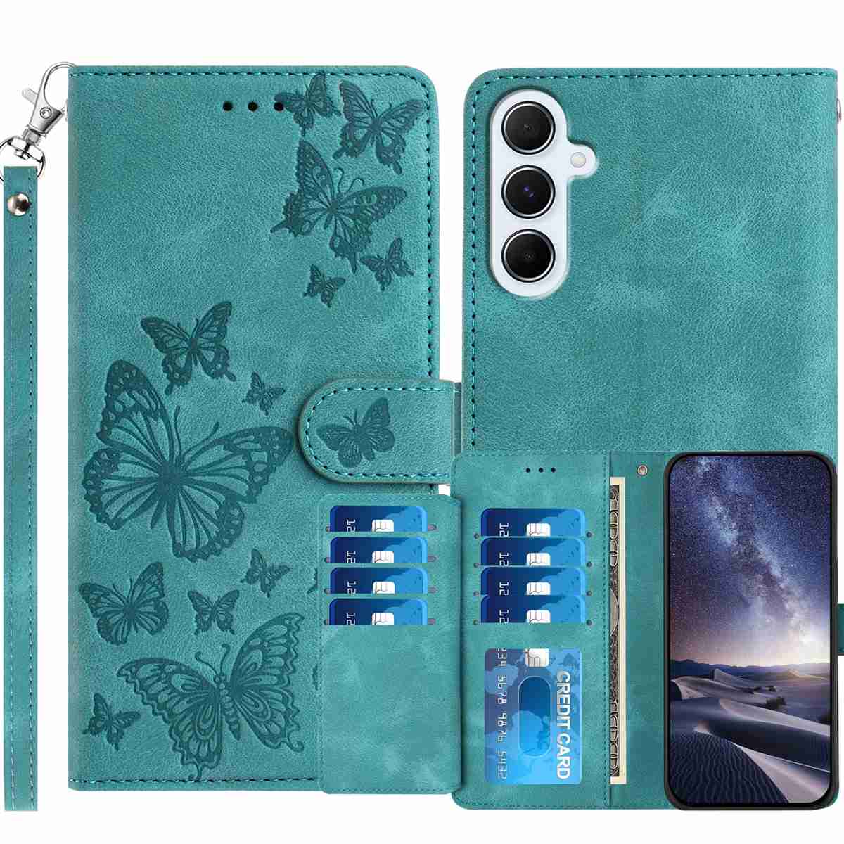 For Samsung Galaxy A18 5G / Galaxy A26 5G / Galaxy A17 5G Wallet Case with 8 Card Slot Stand Imprinted Butterfly Pattern PU Leather Phone Cover with Wrist Strap - Green