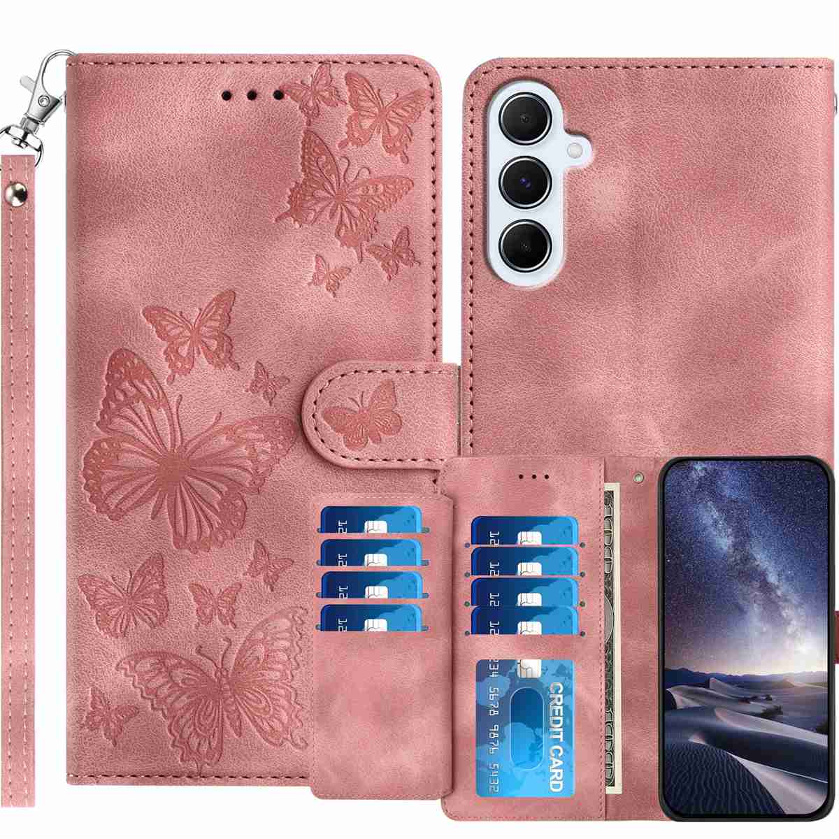For Samsung Galaxy A18 5G / Galaxy A26 5G / Galaxy A17 5G Wallet Case with 8 Card Slot Stand Imprinted Butterfly Pattern PU Leather Phone Cover with Wrist Strap - Pink