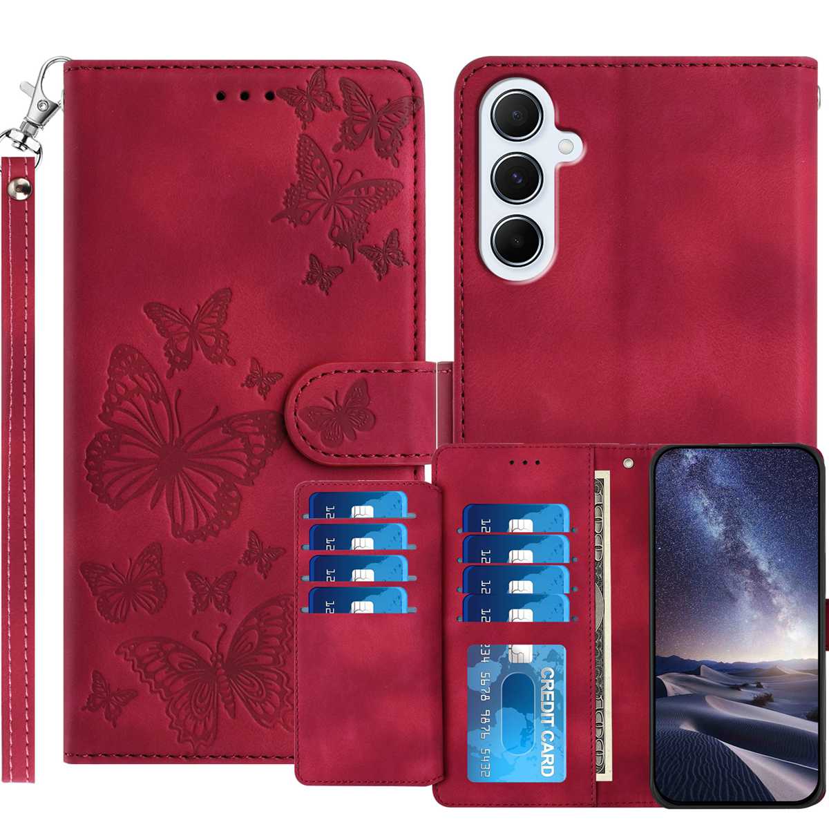 For Samsung Galaxy A18 5G / Galaxy A26 5G / Galaxy A17 5G Wallet Case with 8 Card Slot Stand Imprinted Butterfly Pattern PU Leather Phone Cover with Wrist Strap - Red