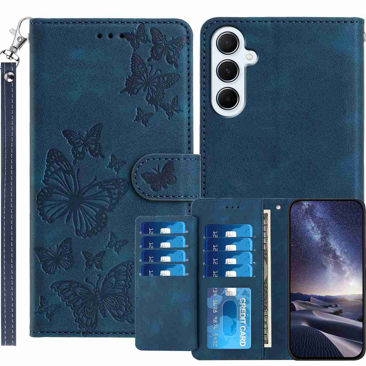 For Samsung Galaxy A18 5G / Galaxy A26 5G / Galaxy A17 5G Wallet Case with 8 Card Slot Stand Imprinted Butterfly Pattern PU Leather Phone Cover with Wrist Strap - Dark Blue