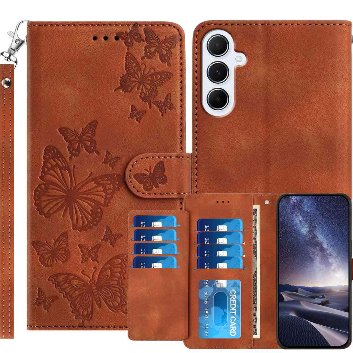 For Samsung Galaxy A18 5G / Galaxy A26 5G / Galaxy A17 5G Wallet Case with 8 Card Slot Stand Imprinted Butterfly Pattern PU Leather Phone Cover with Wrist Strap - Brown